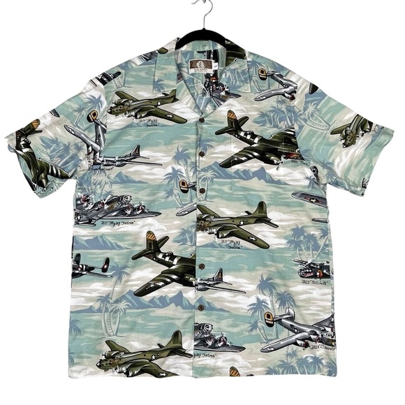 Kalaheo Fighter Bomber Airplanes II Hawaiian Beach Summer Military Camp Shirt  L - Picture 1 of 16